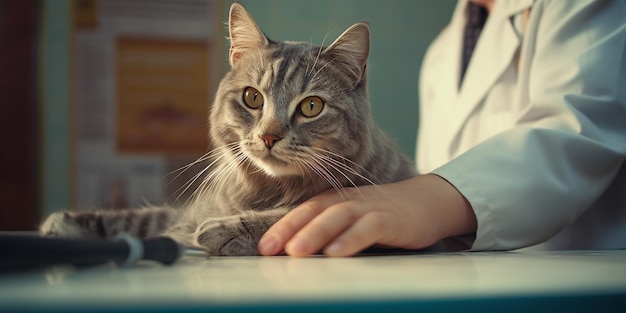 Cat on Examination Table with Veterinarian in Clinic