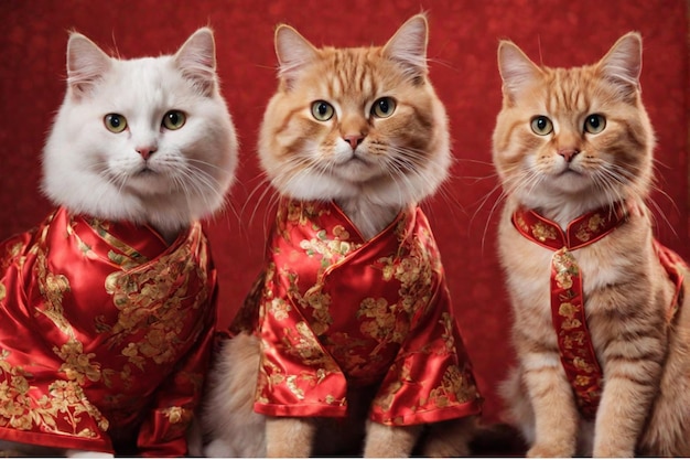 Cat Family Wearing Chinese Traditional Clothing Lunar New Year Festival