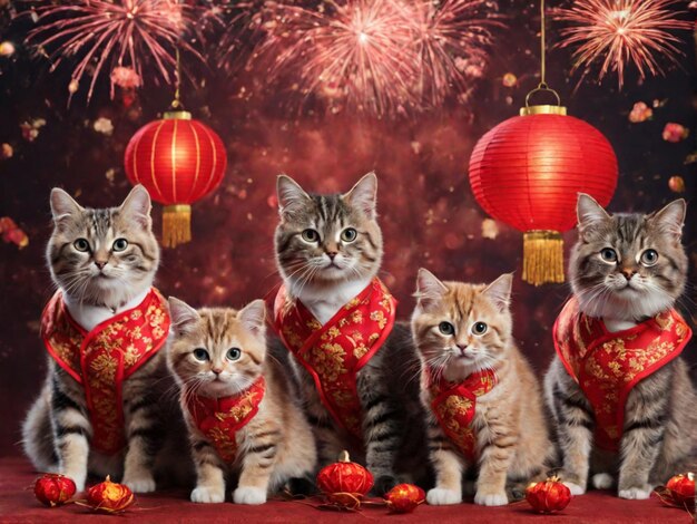 Cat Family Wearing Chinese Traditional Clothing Lunar New Year Festival