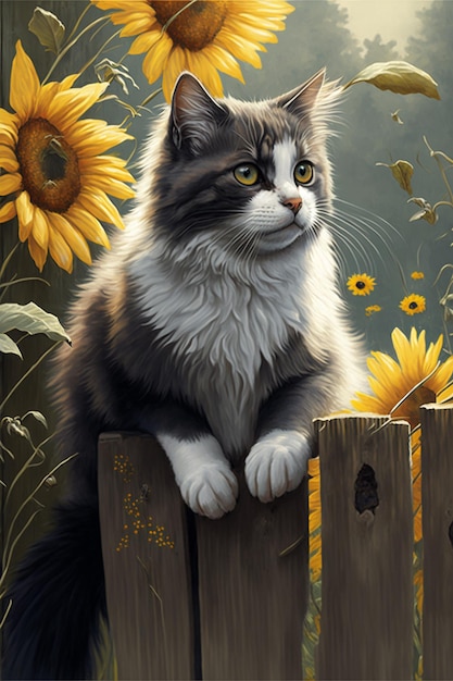 Cat on a fence with sunflowers