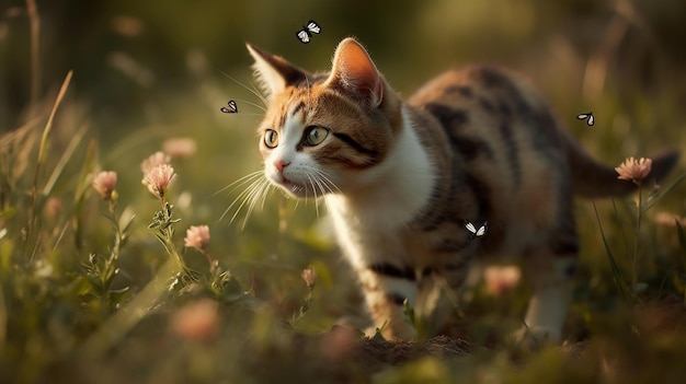 A cat in a field of flowers with the letter h on it