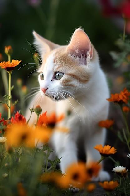 A cat in a field of flowers