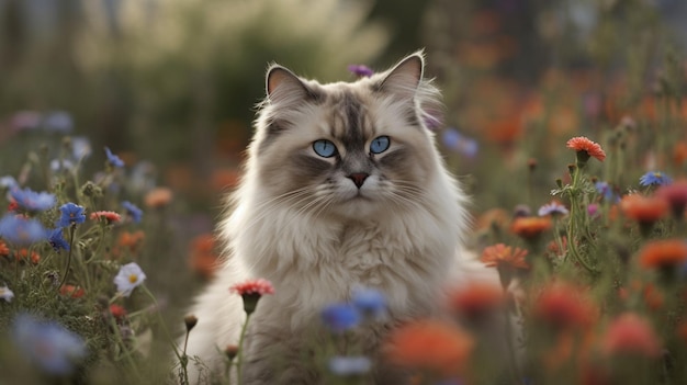 A cat in a field of flowers