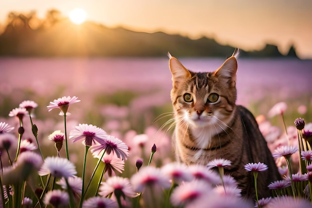 A cat in a field of flowers