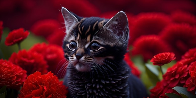 A cat in a field of red flowers