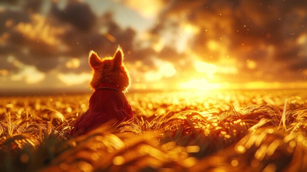 Photo a cat in a field of wheat with the sun behind him