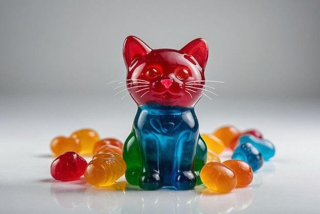 Photo a cat figurine with a blue shirt on sits in front of colorful candy