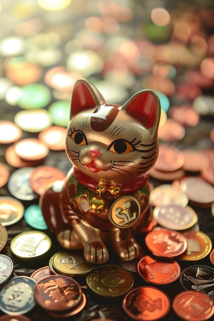 Photo cat figurines on gold coins selective focus