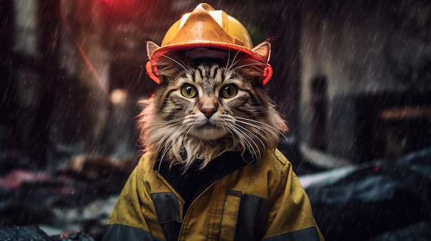 A cat in a firefighter's costume a saviour a fighter a serious AI generated