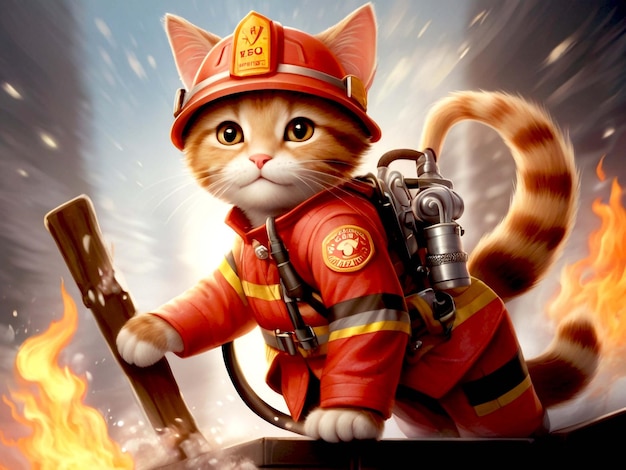 a cat in a firefighter uniform with a fireman on the back