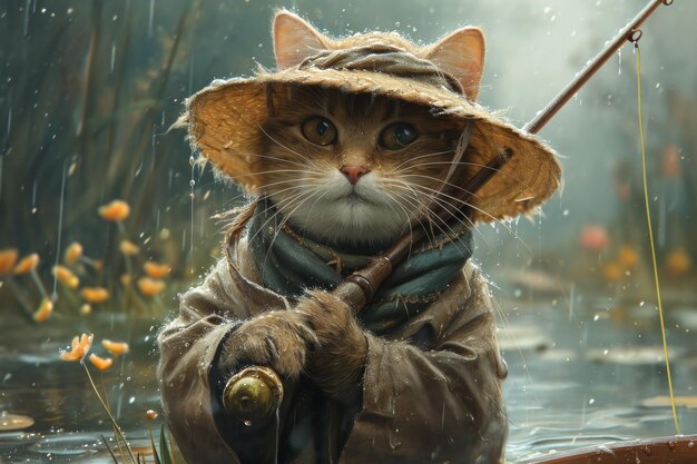 The cat fisherman Cat holding a fishing pole and fishing rod