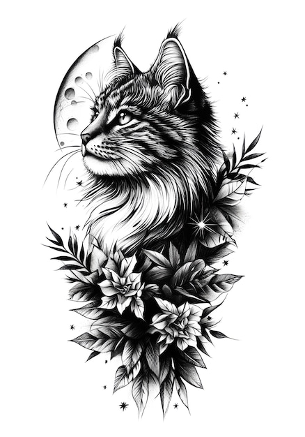 Photo a cat and flower on white background tattoo style coloring book tshirt design