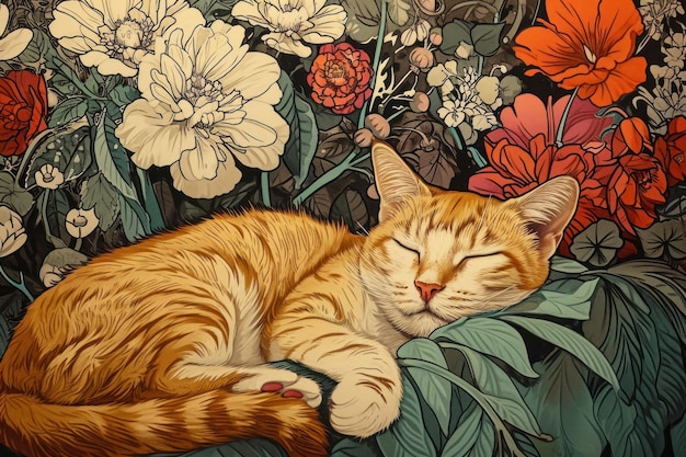 Cat and flowers art cat illustrated