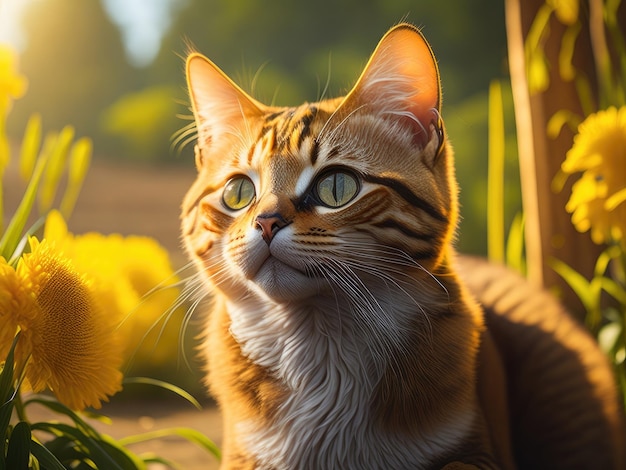 Cat in the flowers field at sunset ai generative