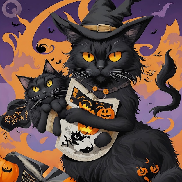 A cat flying in the air with pumpkins and bats