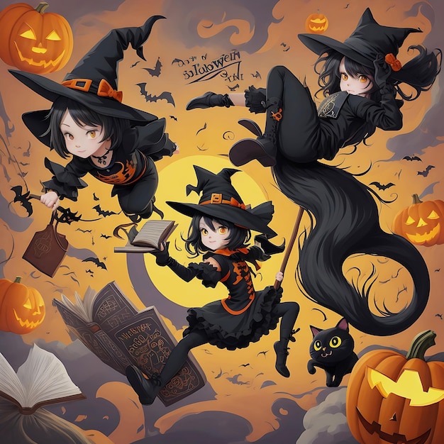 A cat flying in the air with pumpkins and bats