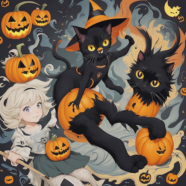 A cat flying in the air with pumpkins and bats