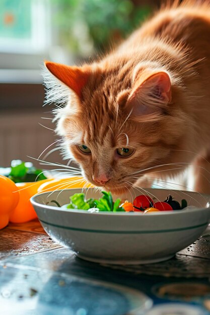 Cat food eats vegetables Selective focus