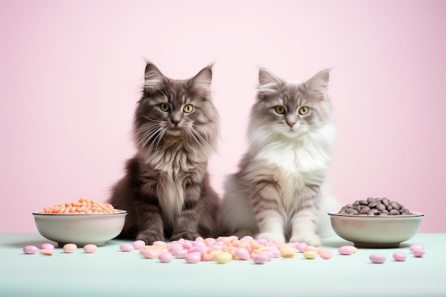 Cat food and two cats AI generated