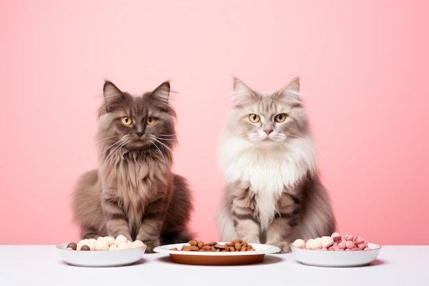 Cat food and two cats near their bowls AI generated