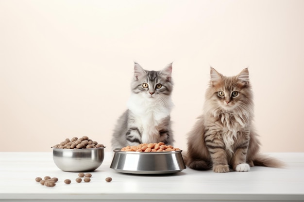 Cat food and two cats near their bowls AI generated