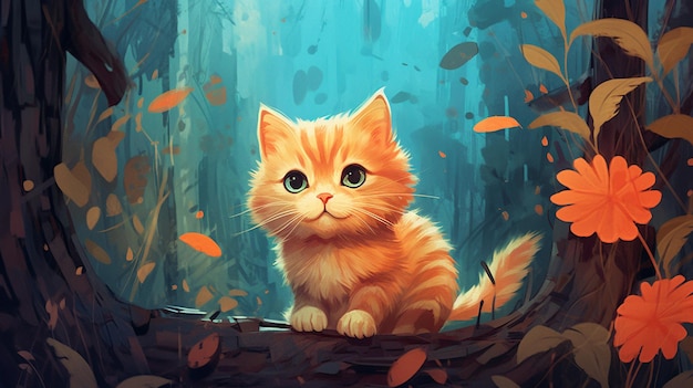 A cat in a forest with leaves on the bottom