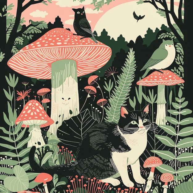 a cat in a forest with mushrooms and a cat in the background