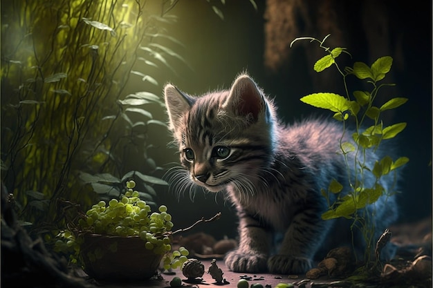 A cat in a forest with plants and a plant