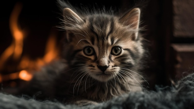 A cat in front of a fireplace