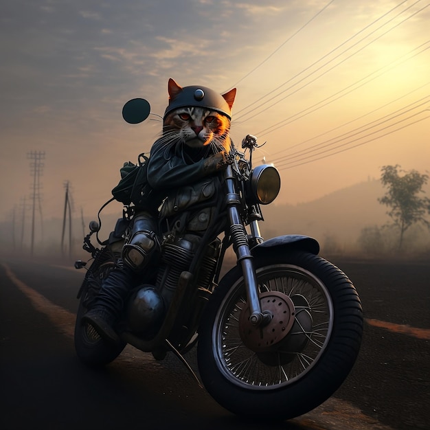 a cat in a full biker gear sitting on the bike