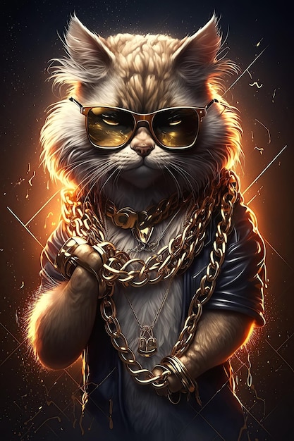 Cat gangsta rapper in sunglasses and gold chains Thug life concept