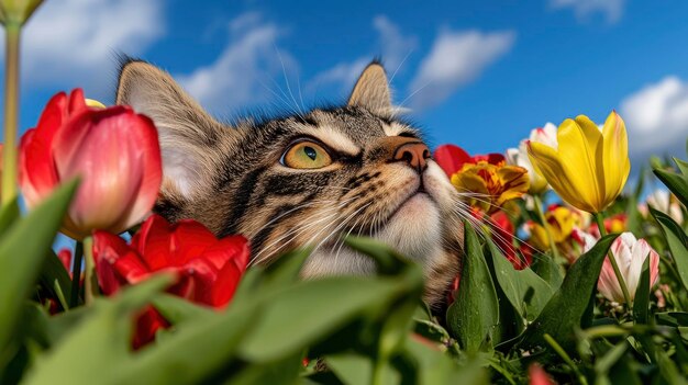 Photo cat in a garden of tulips