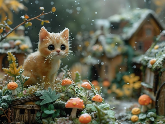 a cat in a garden with a toy house in the background