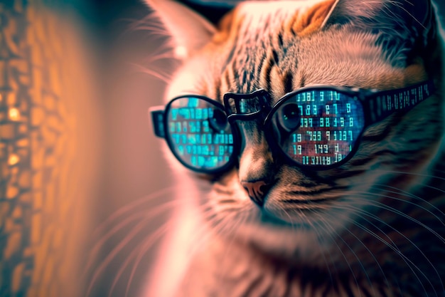 Cat in glasses with reflection of binary numbers Programming concept Generative AI