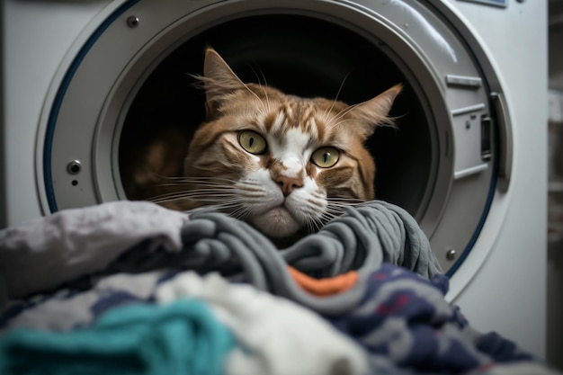 Cat got into the washing machine with clothes Generative AI