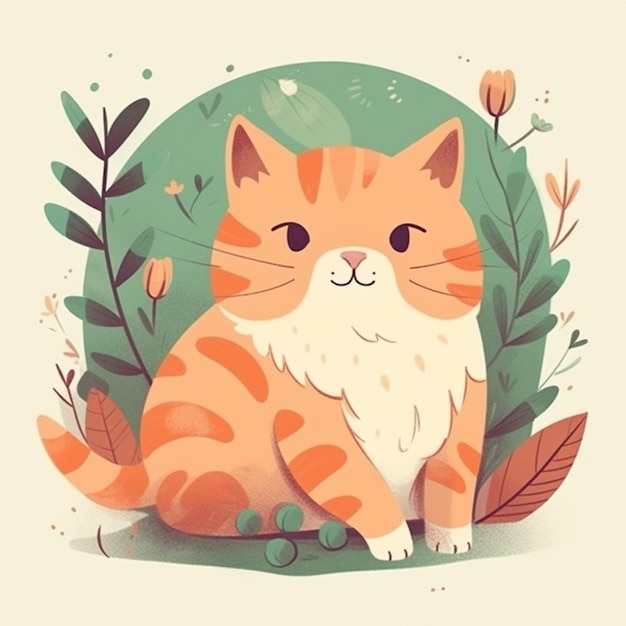 A cat in a green background with leaves and flowers.