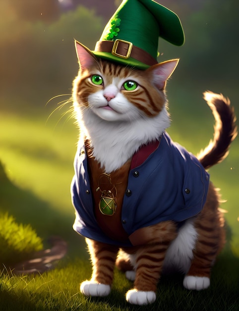 A cat in a green leprechaun costume and a green hat