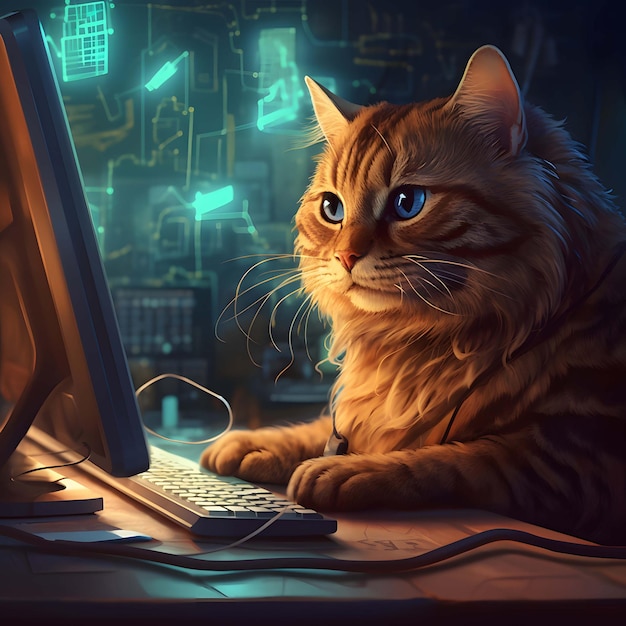 Cat hacker or program developer with laptop ai generated