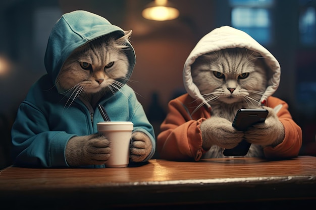 Cat having coffee with friends in a modern cafe checking its smartphone