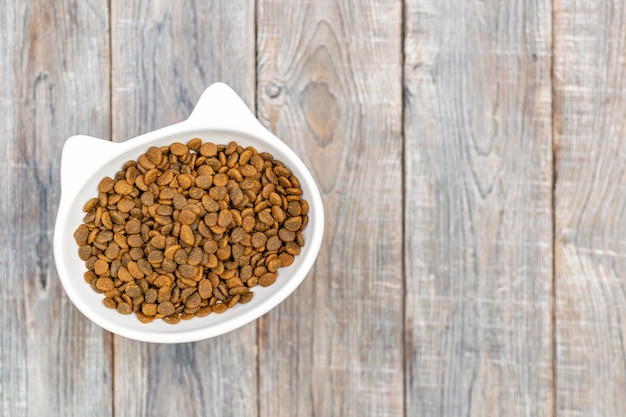 Cat head shaped bowl is filled with dry food on the floor background, copy space. Domestic animals pets healthy diet, choice of feline feed, balanced nutrition and healthcare.