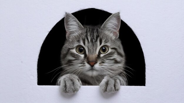 Cat hide and seek in white background with copyspace