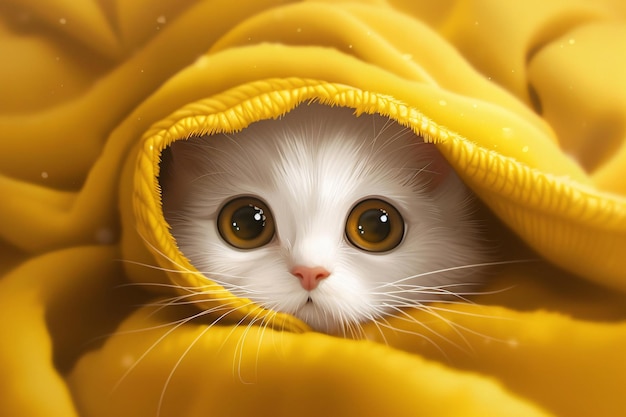 Photo a cat hiding in a yellow blanket