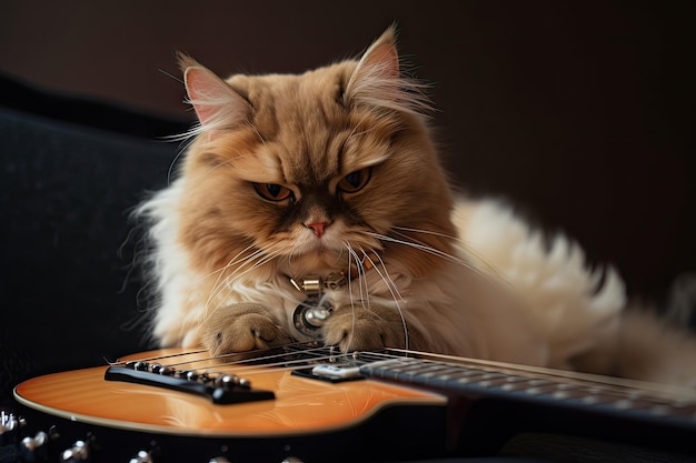 Cat holding guitar with rock star attitude created with generative ai