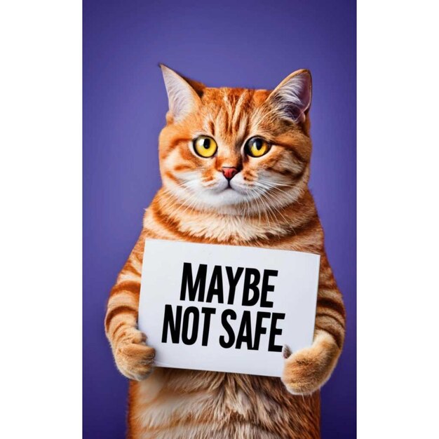 a cat holding a sign that says  maybe not safe safe safe