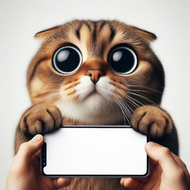 Cat holding smartphone with white mockup screen on solid white background ai generative