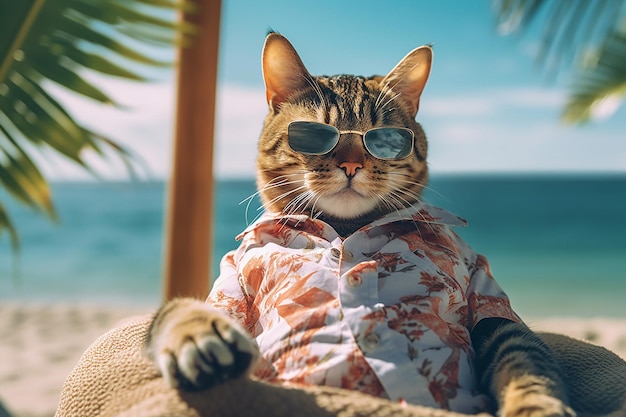 Cat on Holiday Sitting in Chair Wearing Beach Shirt and Sunglasses on Sea Beach