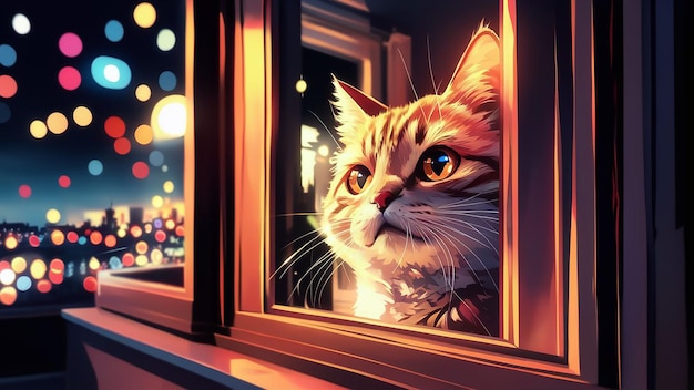 cat in home window with colorful bokeh on background