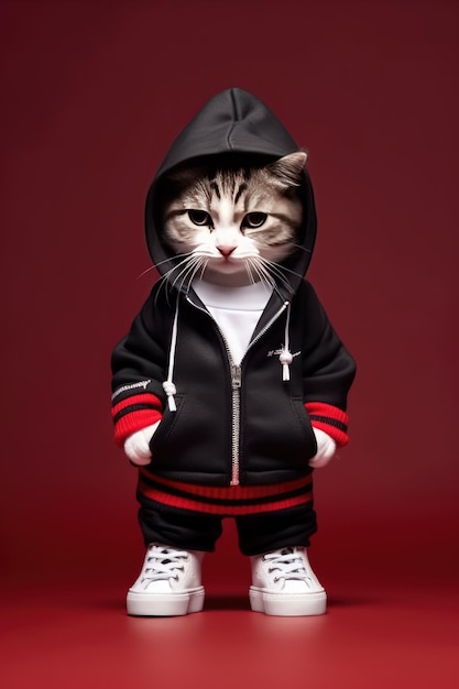 A cat in a hoodie that says'cat'on it