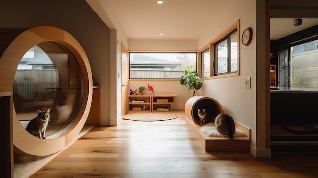 A cat house with a round wooden frame and a cat bed in the corner.