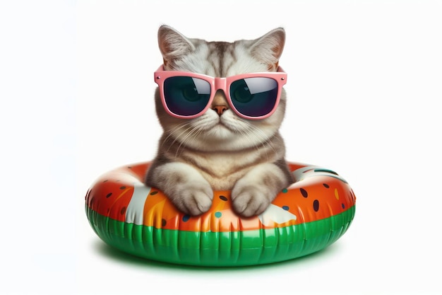 cat in an inflatable ring and sunglasses on a white background